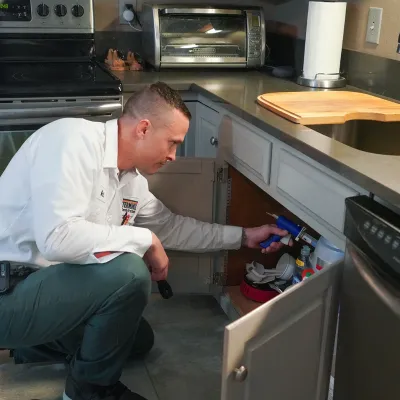 tech inspecting kitchen for pest