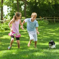 kids playing with dog outside