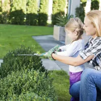 mother and child trimming hedges 